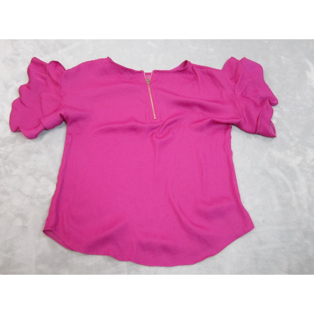 Naked Zebra Blouse Womens S Pink Ruffle Sleeve Gold Zip Barbiecore Top